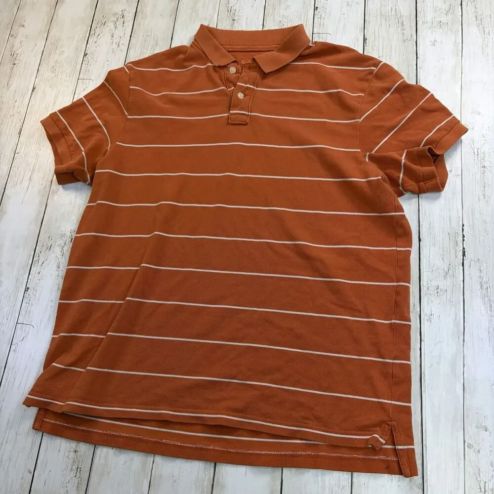 J.Crew Mens Polo Shirt Size Large Orange White Striped Cotton Short Sleeve